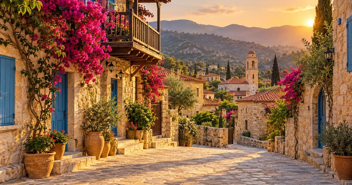 Illustration of a whitewashed village lane in Cyprus with bougainvillea