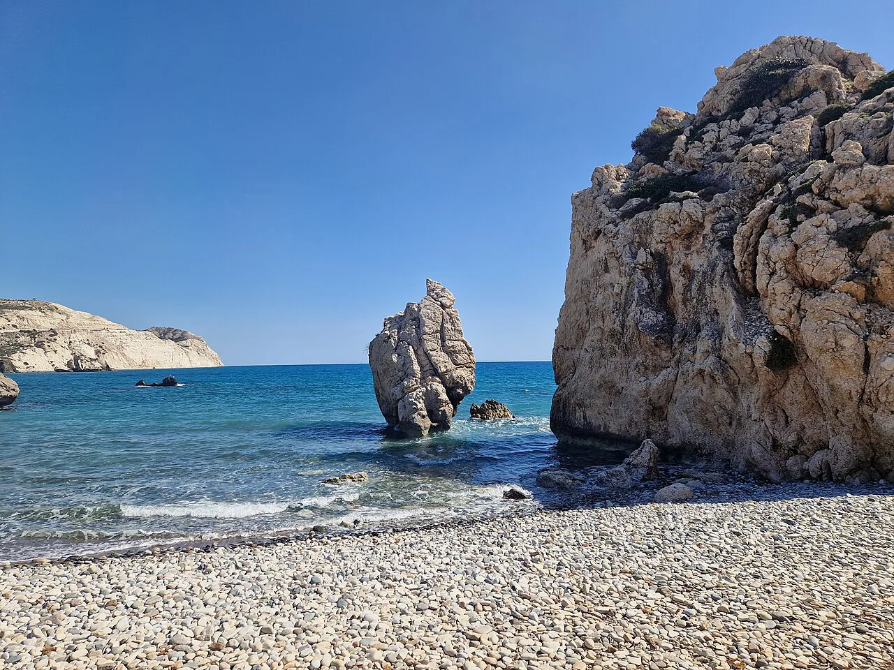 Aphrodite's Rock from the shore, Paphos.