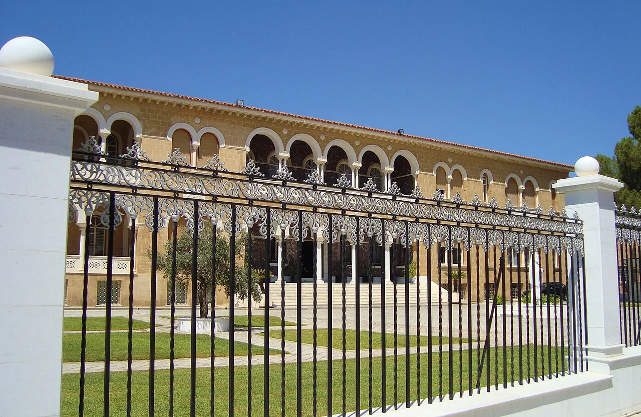 The Archbishop's Palace seen through railings, Nicosia old city.