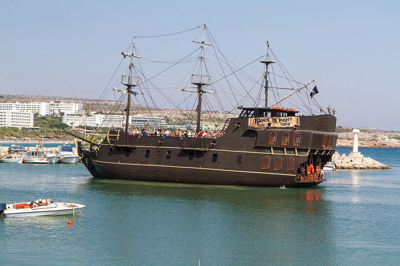 A pirate-style tour boat at the port of Ayia Napa.