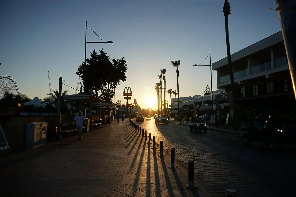 Sunset along the street in Ayia Napa.