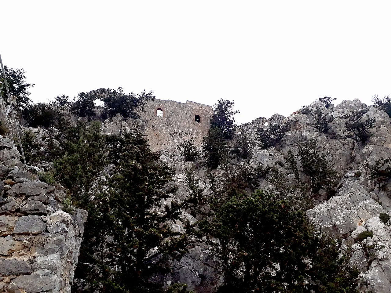 Castle walls on the rock at Buffavento, seen from below.
