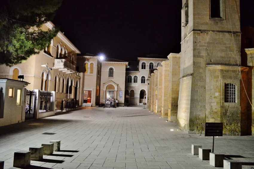 The Archbishop's Palace and Agios Ioannis church in Nicosia by night.