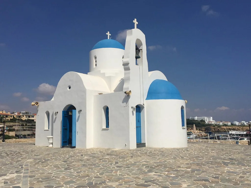 Whitewashed chapel with blue domes at Protaras.