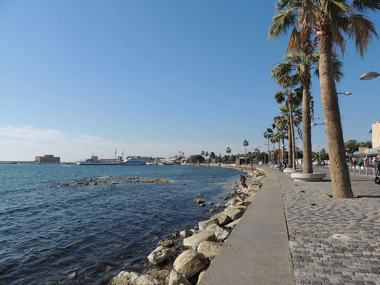 Paphos seafront promenade, looking towards the harbour.