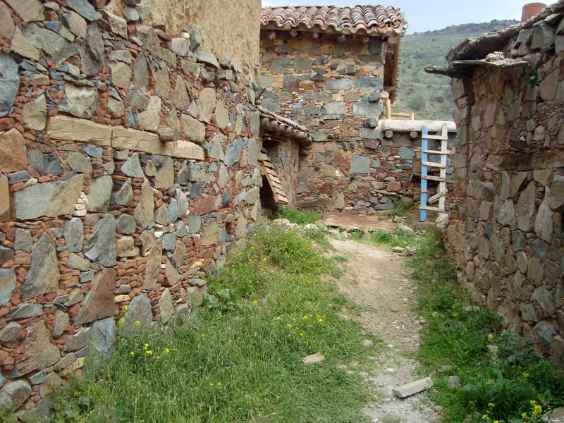 Stone path between old houses in Fikardou.
