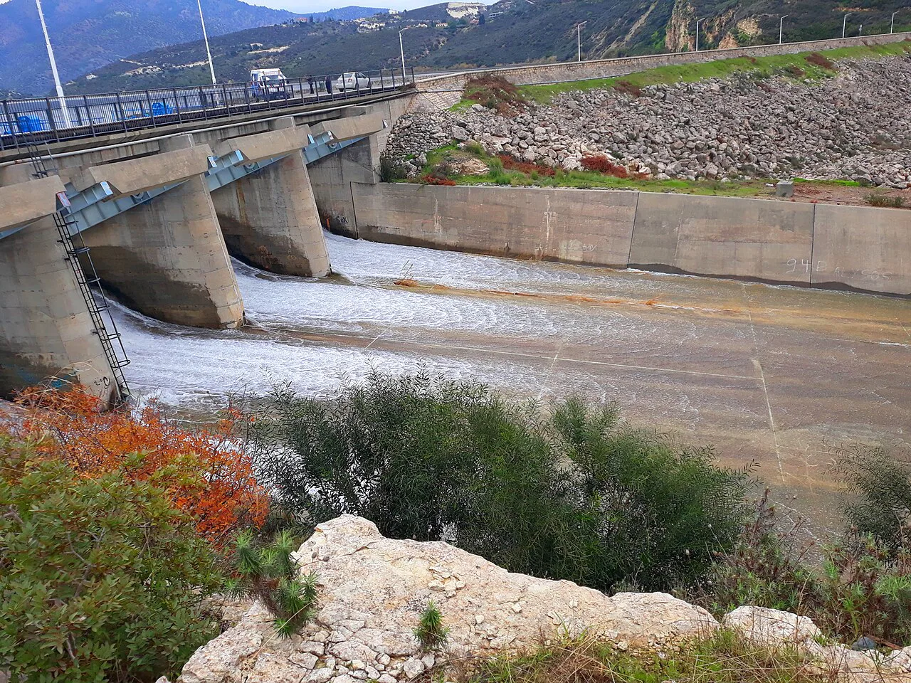Water flowing from the Germasogeia Dam spillway.
