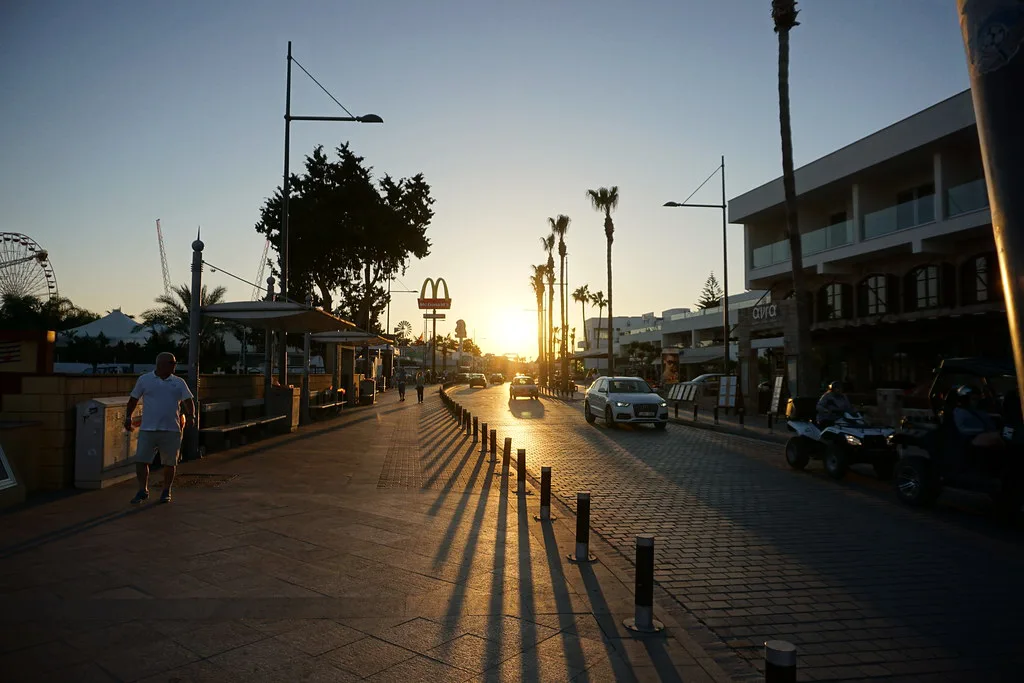 Ayia Napa street at sunset.