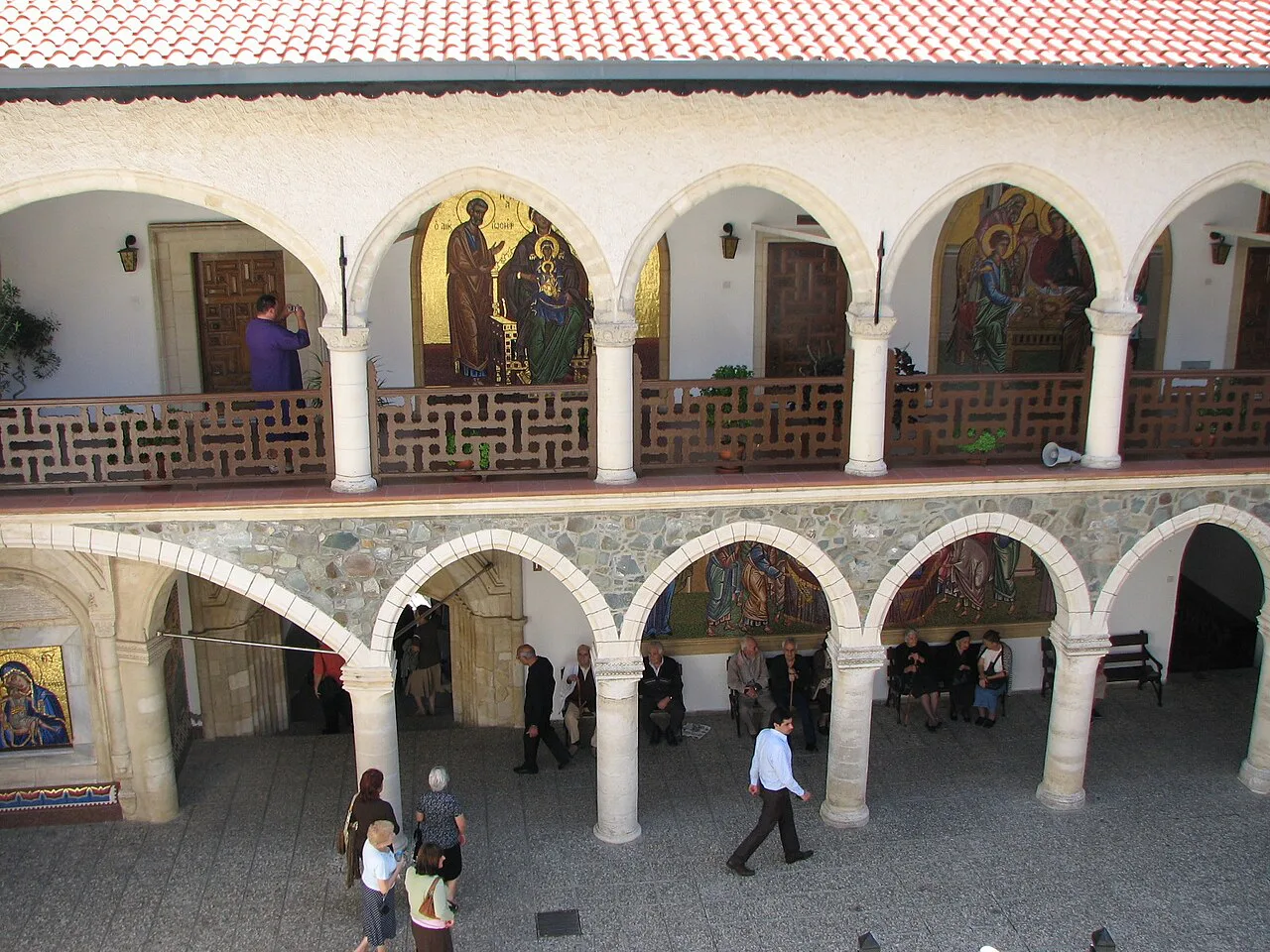 Painted cloister arcades at Kykkos Monastery.