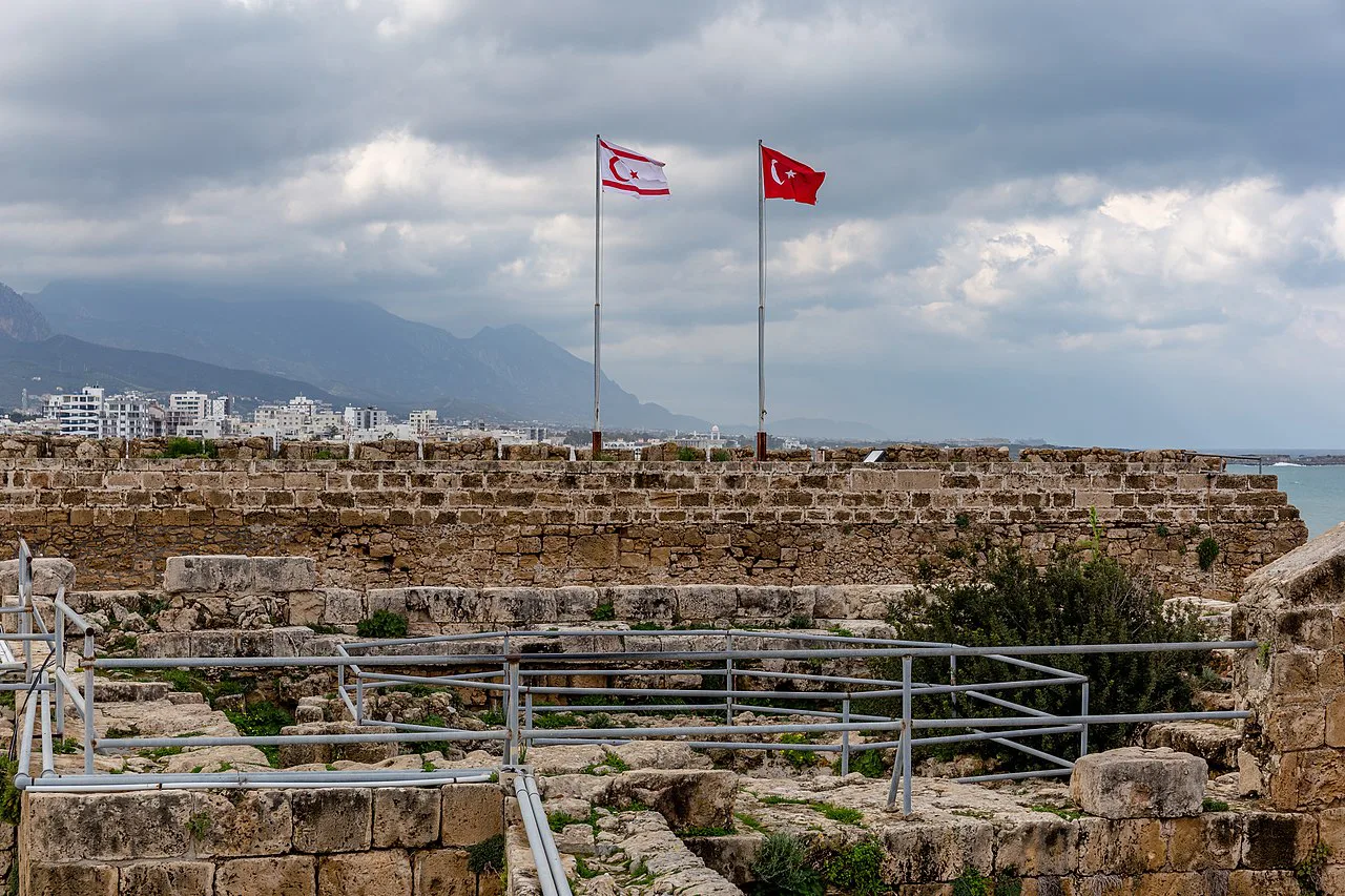 Kyrenia Castle, with the flags of Turkey and Northern Cyprus.
