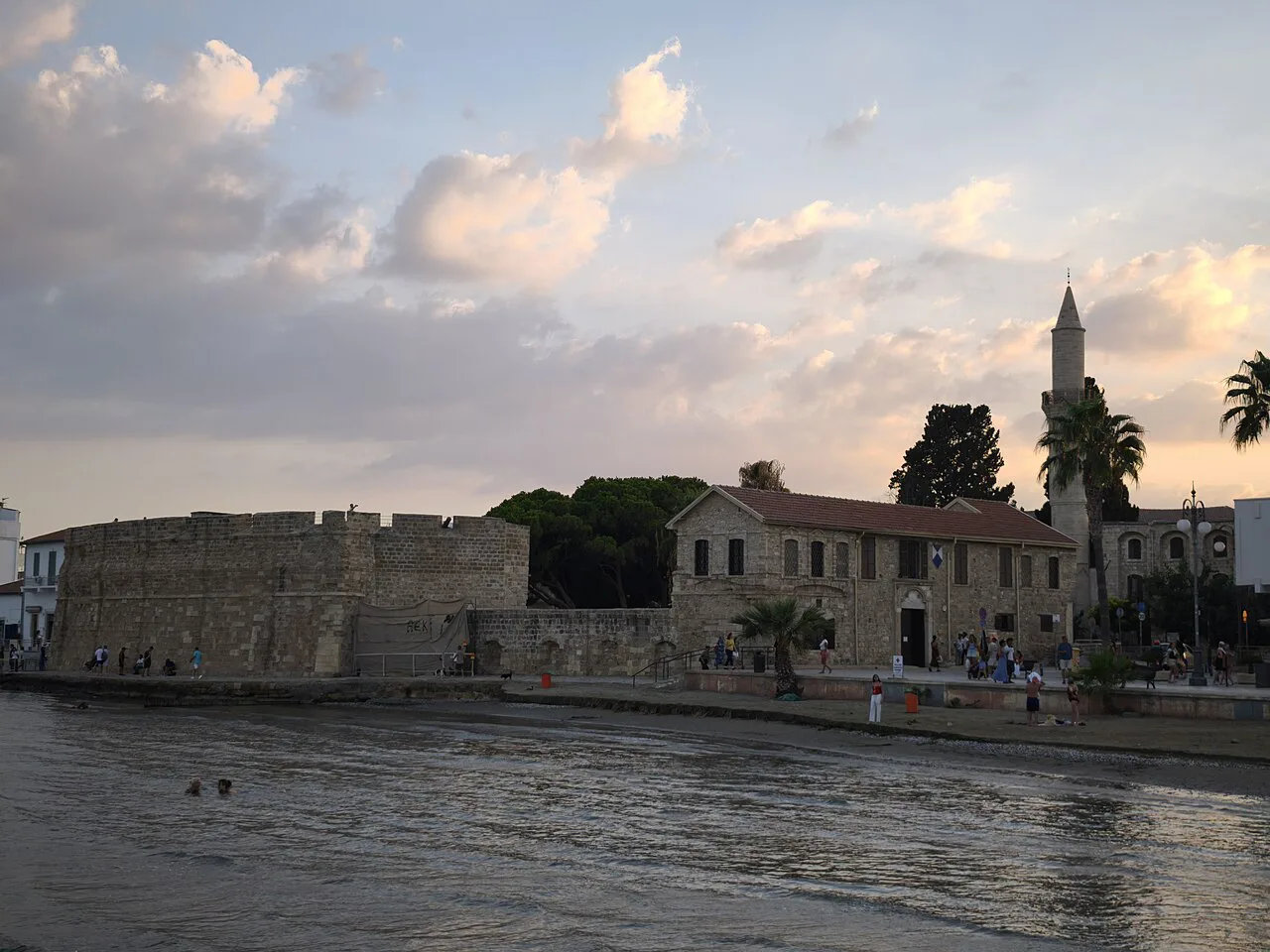 Larnaca Castle and seafront at sunset.