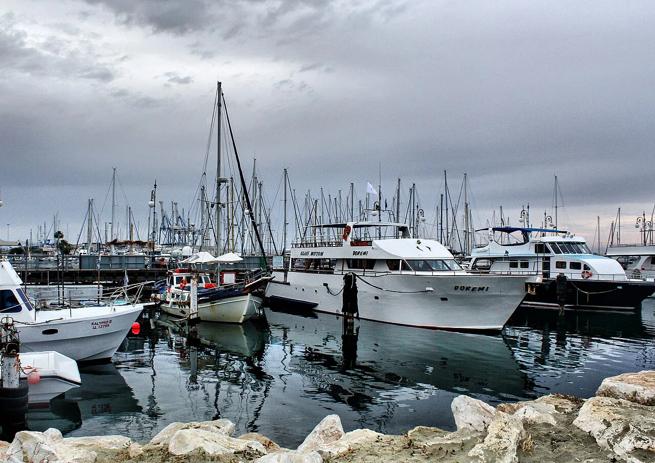 Boats moored at Larnaca Marina.