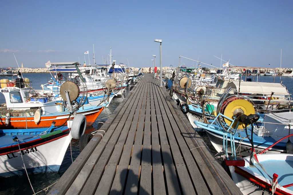 Fishing boats moored beside the pier at Larnaca.