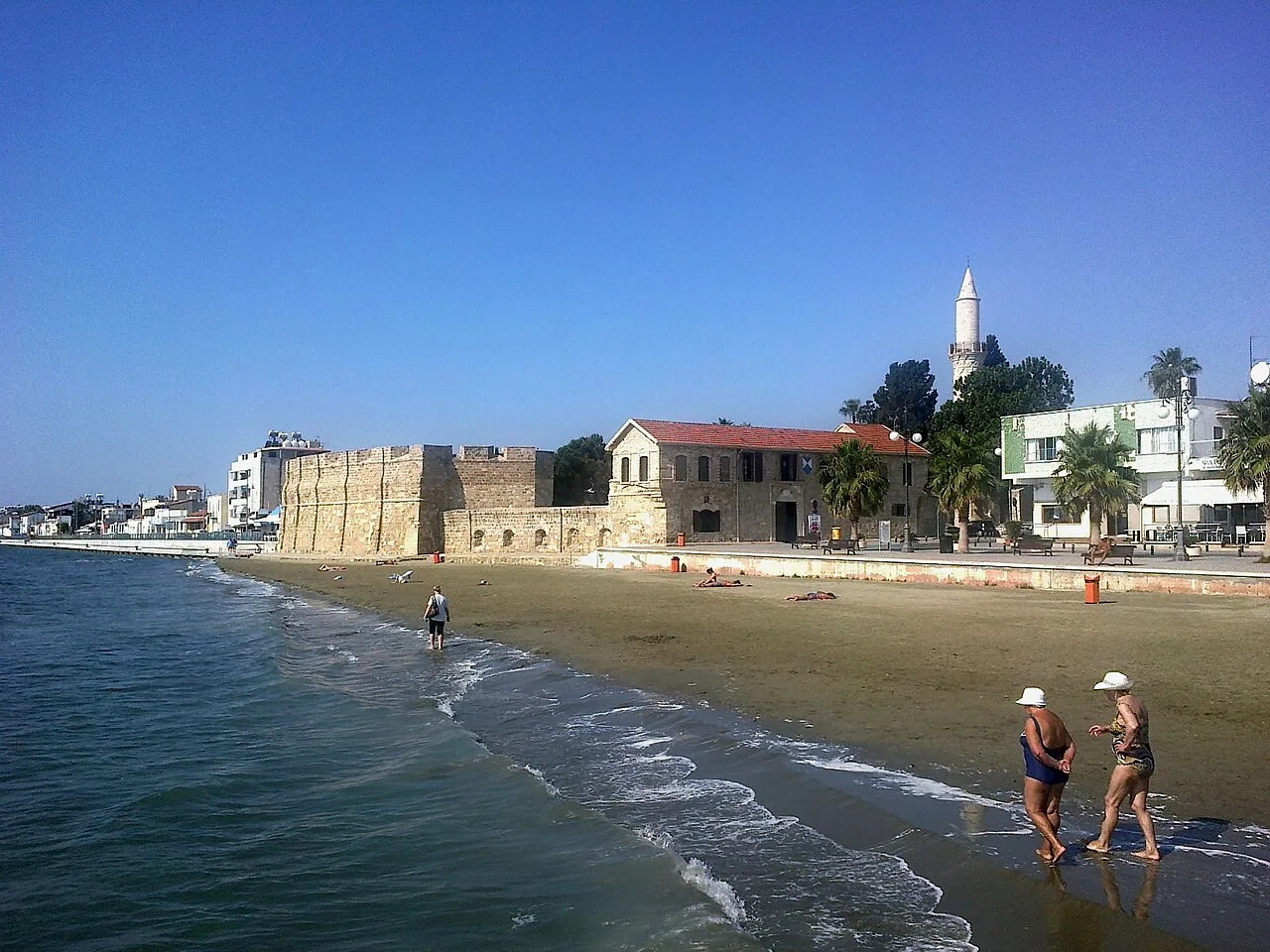 Larnaca Fort and the Great Mosque seen from the beach.