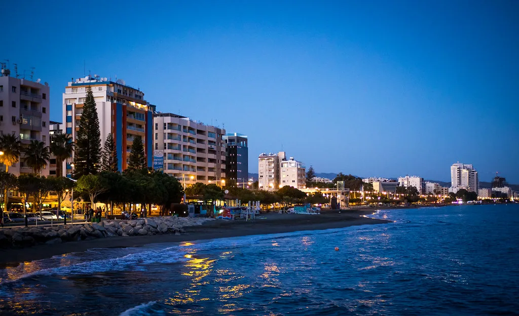 Limassol seafront at dusk.
