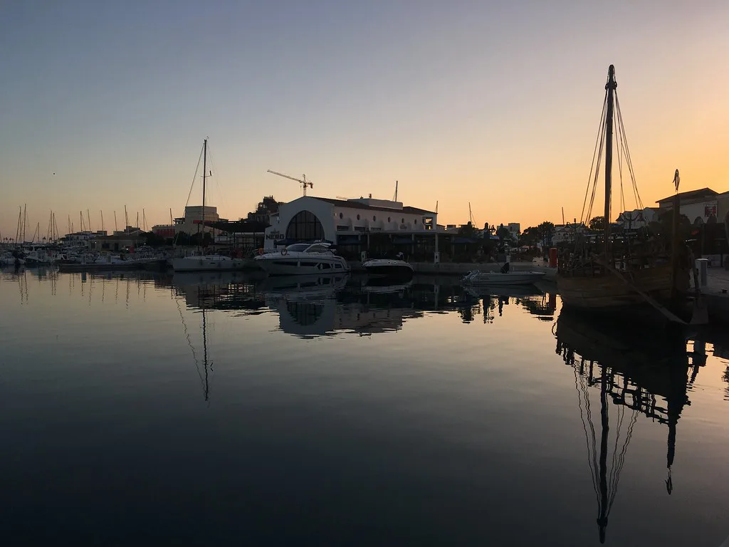 Limassol harbour at sunset.
