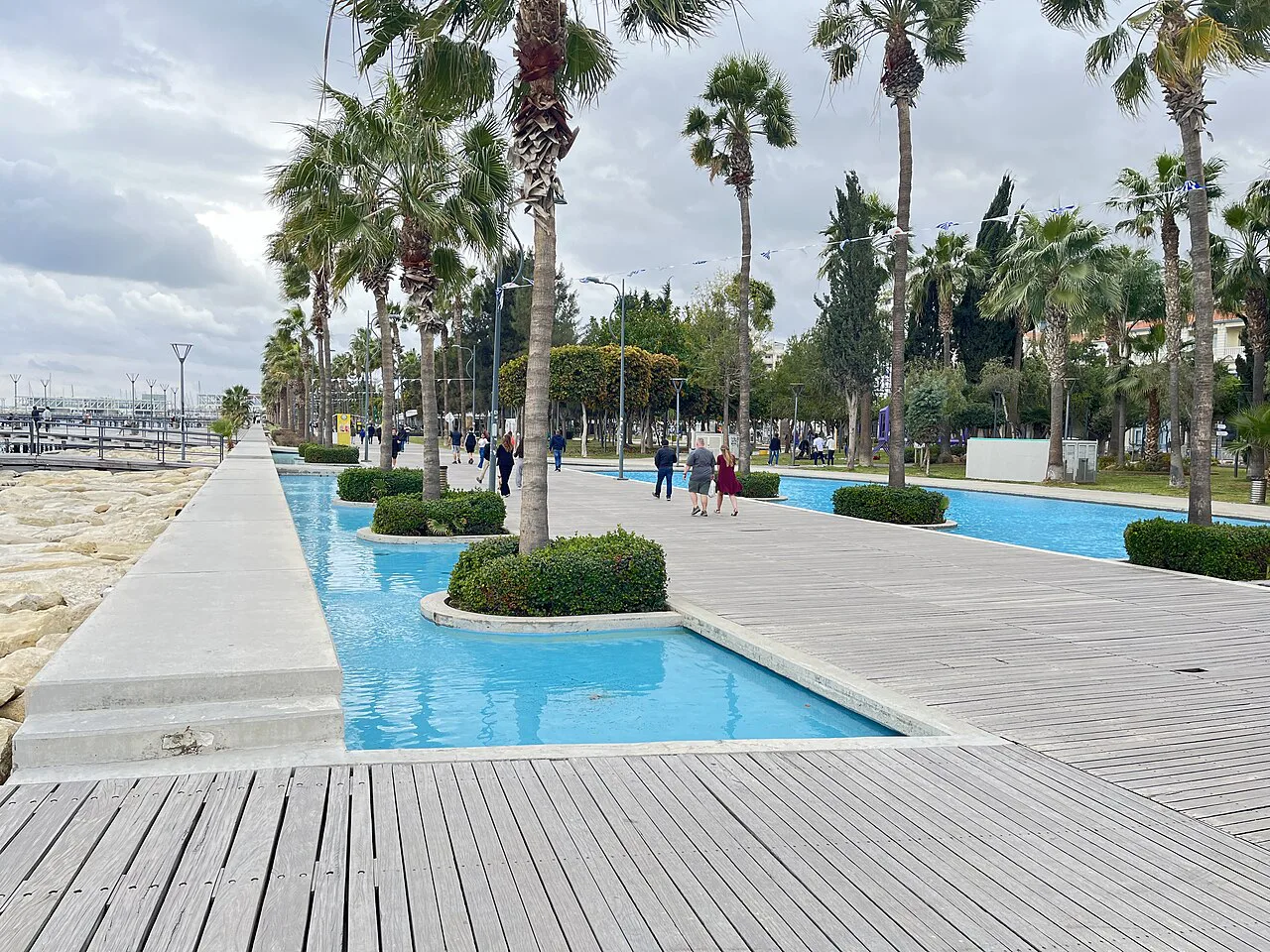 Boardwalk and water feature at Molos Seaside Park, Limassol.
