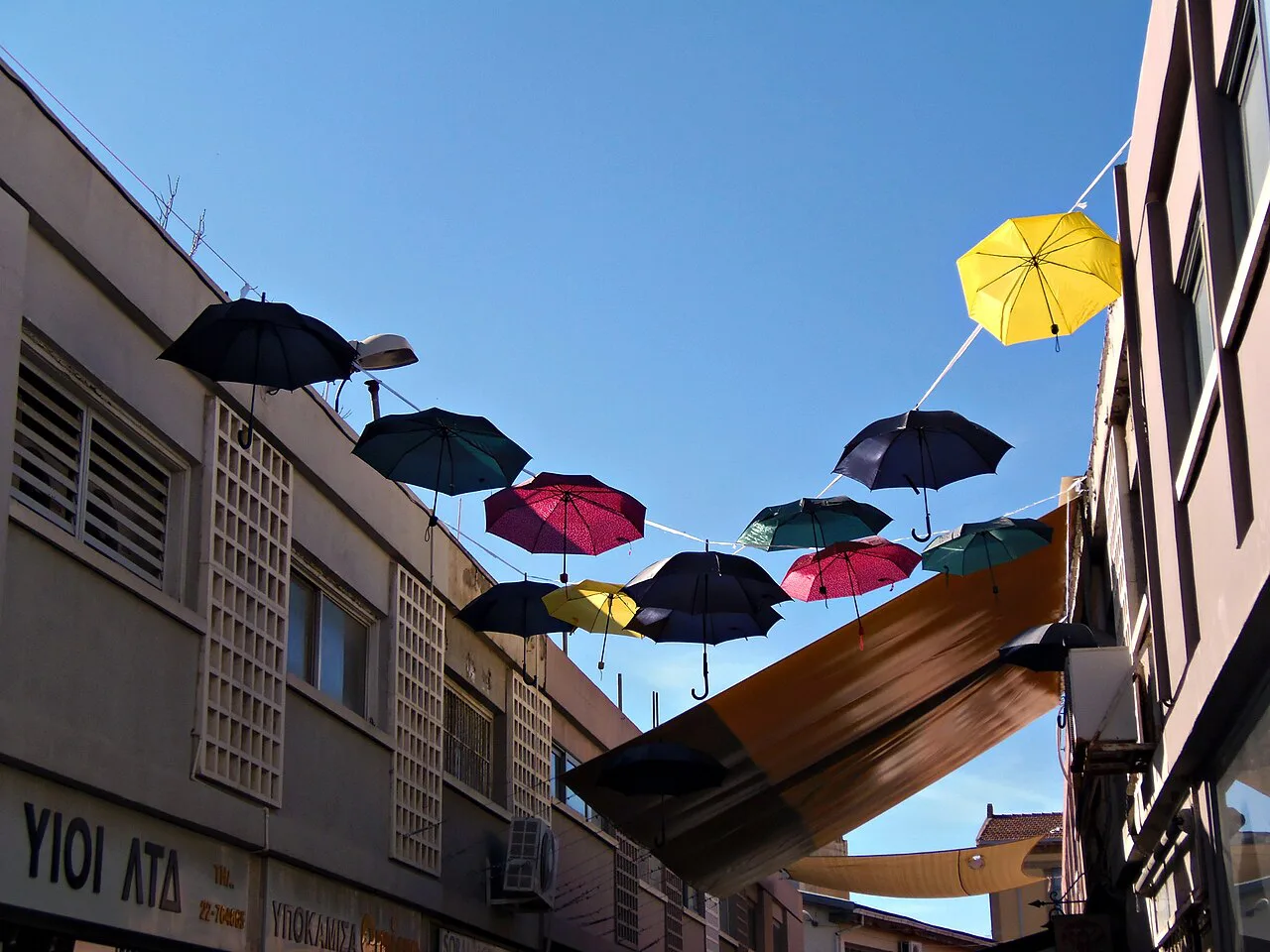 Umbrellas hung above a street in Nicosia's old town.
