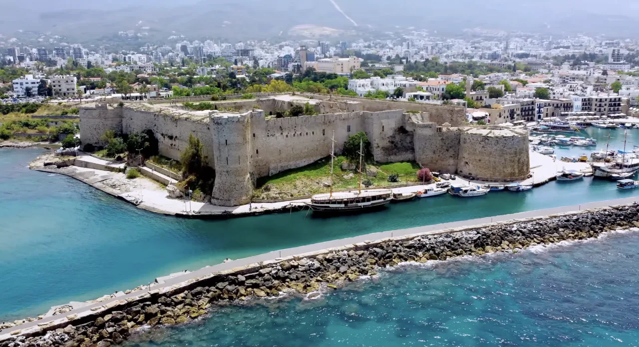 Kyrenia Castle beside the harbour, seen from above.
