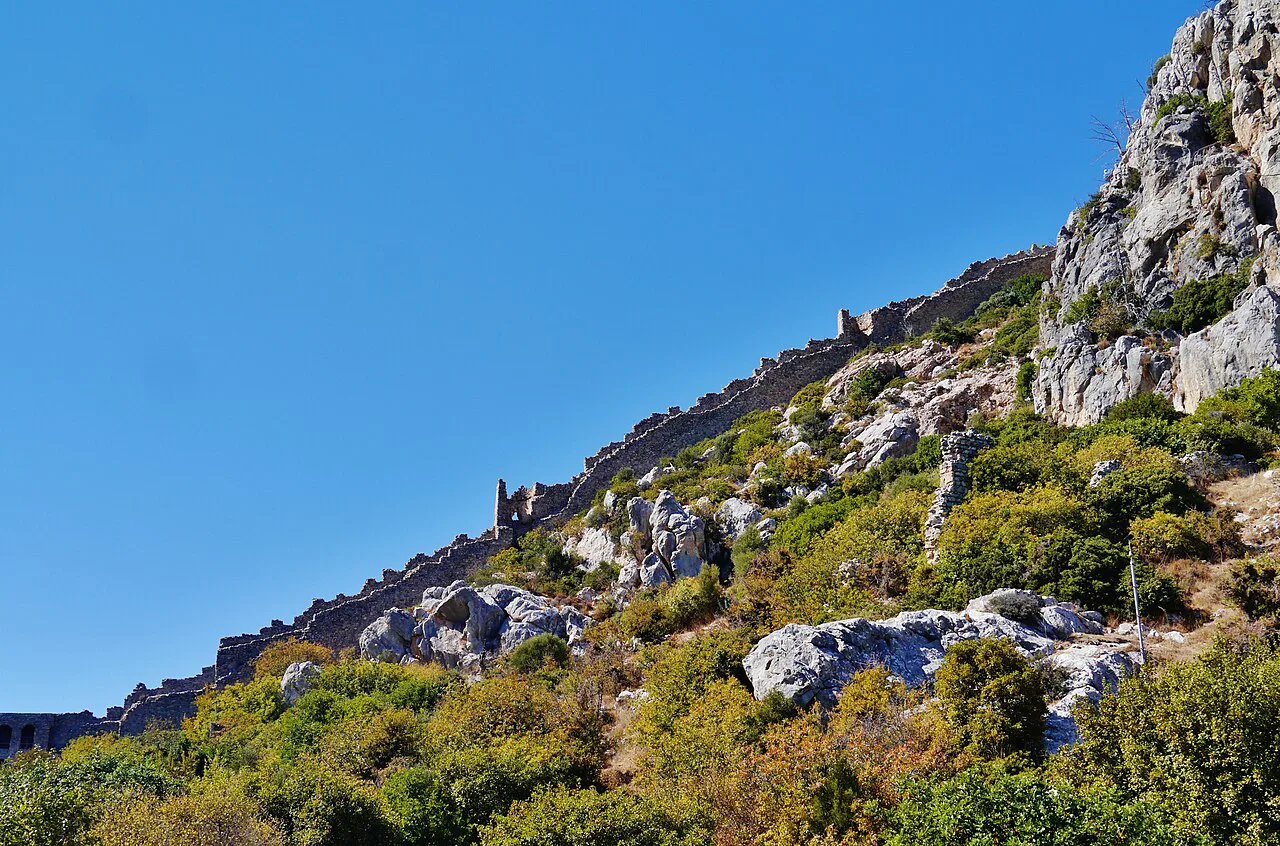 Castle walls of St Hilarion on the mountainside.