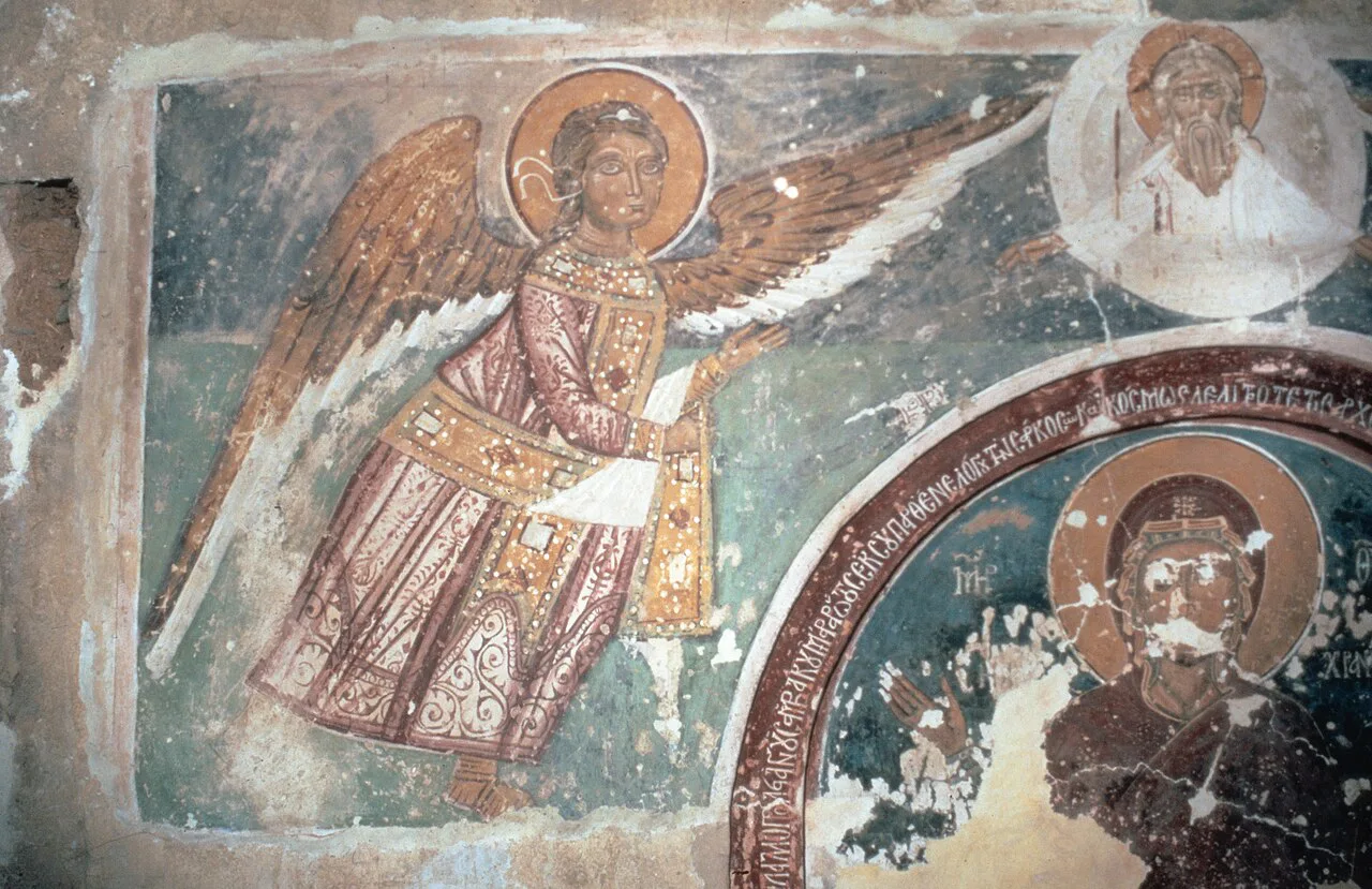 Painted angel in Panagia tou Arakou, Lagoudera.