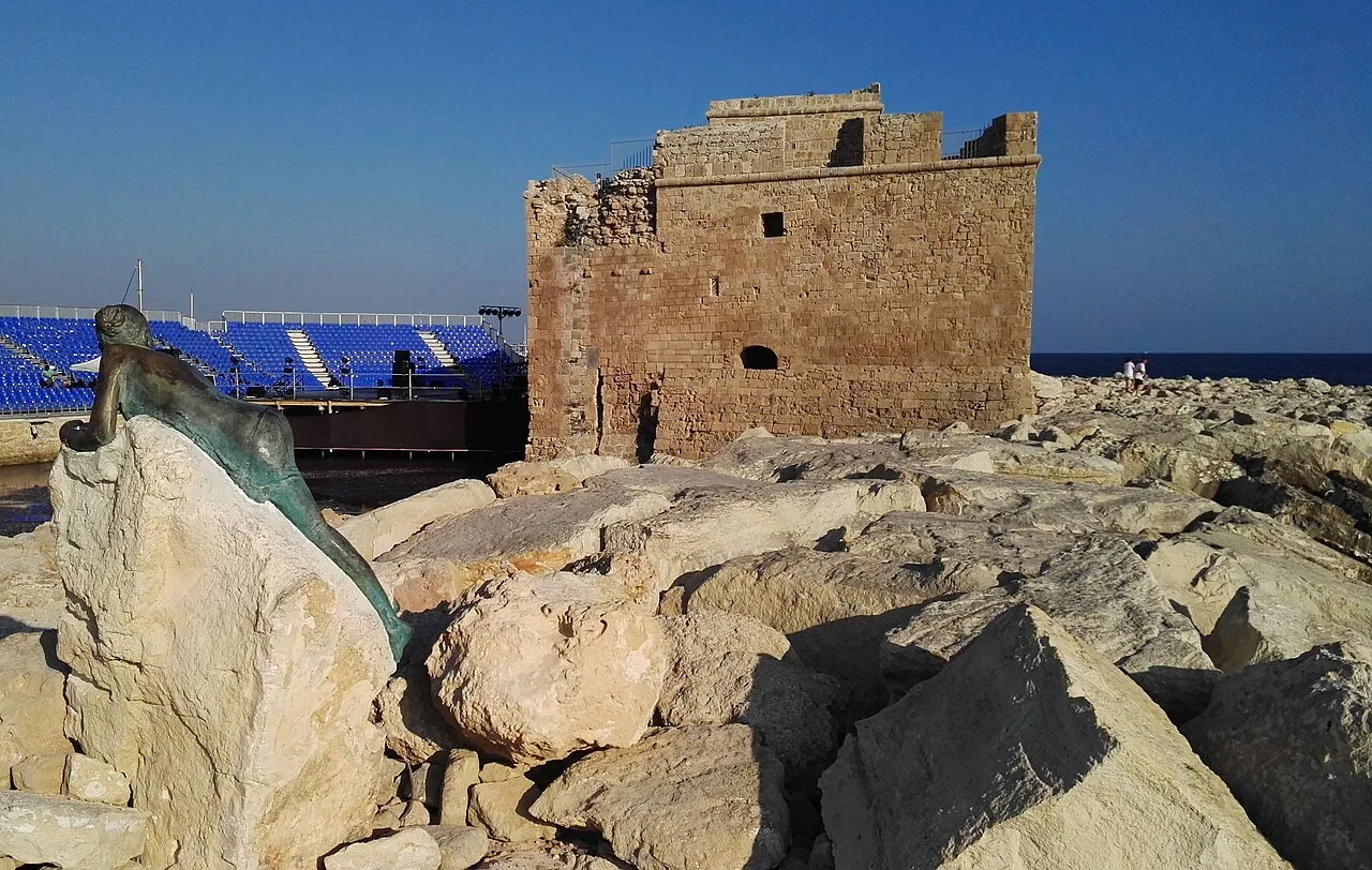 Paphos Castle seen across the rocks.