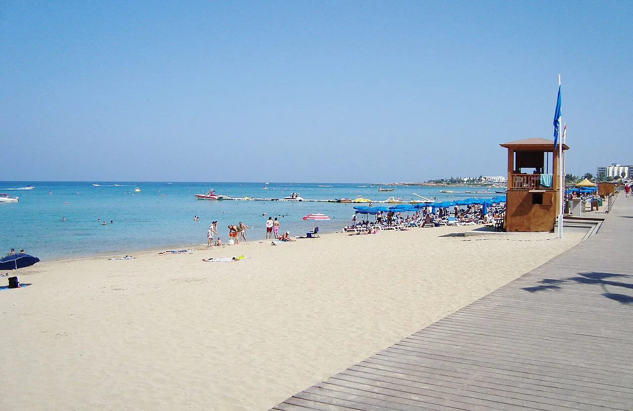 Boardwalk and lifeguard post on Protaras beach.