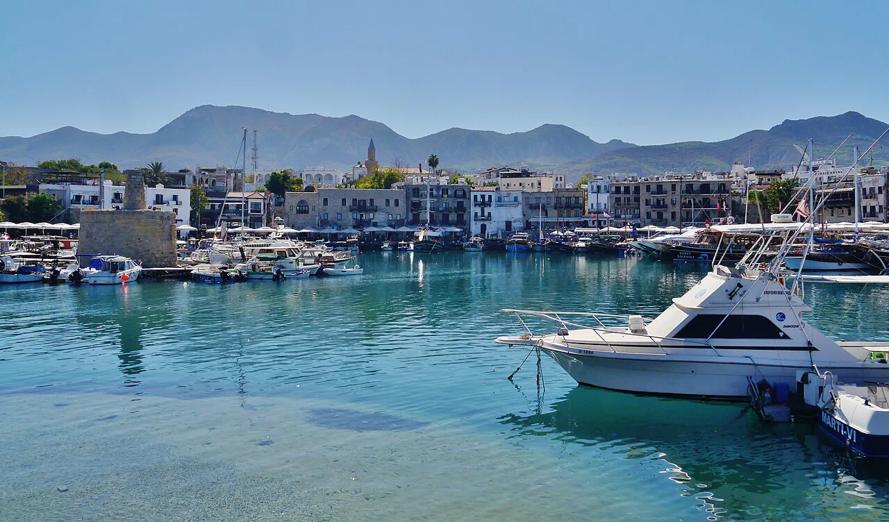 Kyrenia harbour with the mountains behind.