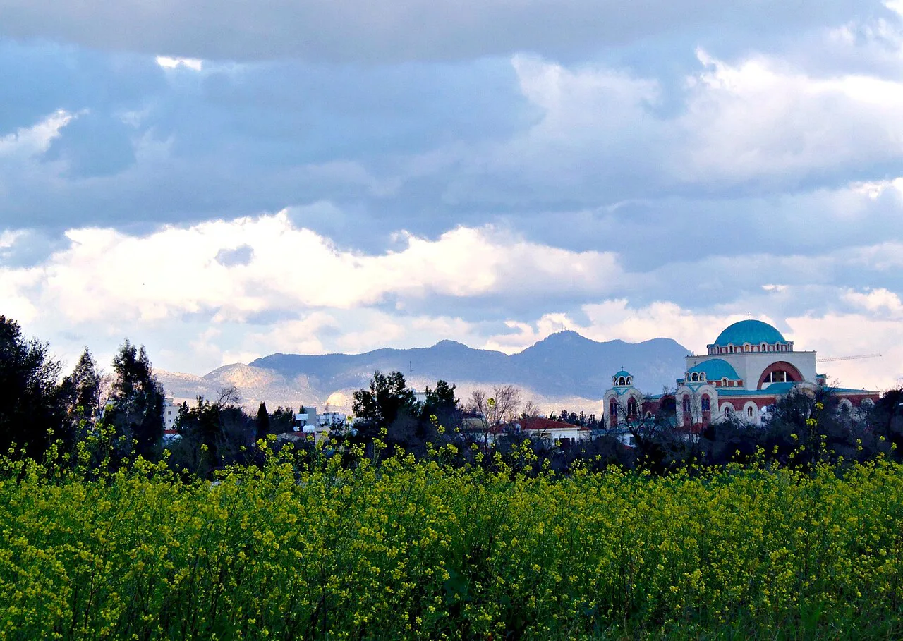 Agios Sofia church in Strovolos, with the mountains beyond.