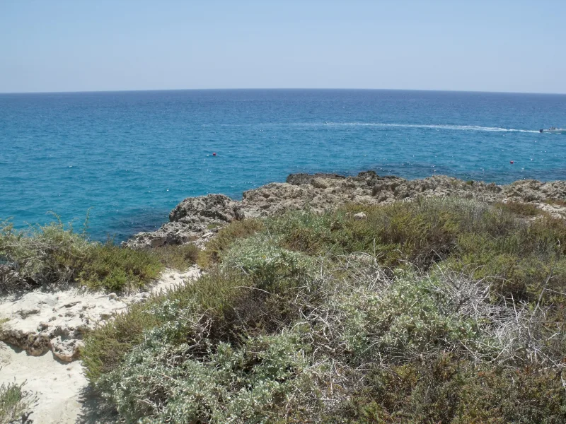 Rocky shoreline and clear water at Nissi Beach, Ayia Napa.