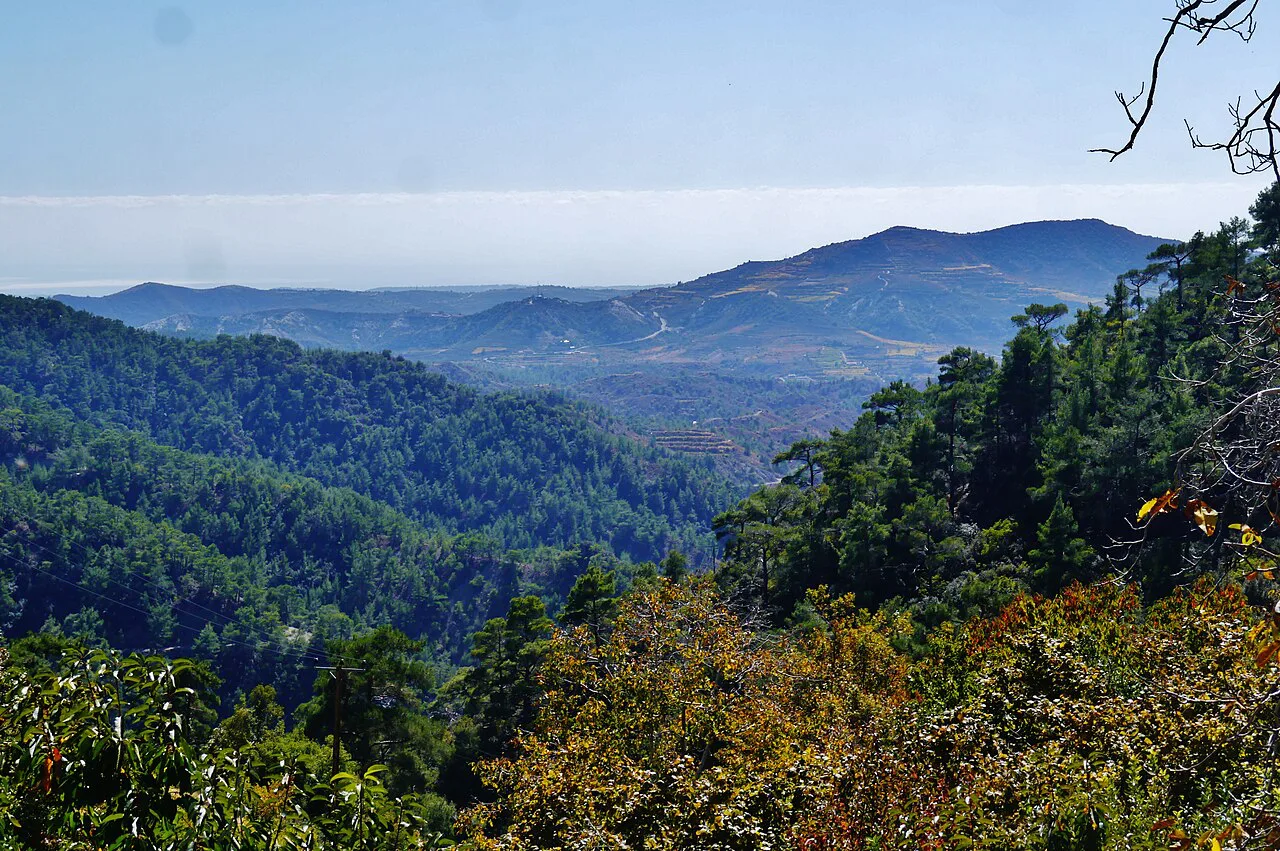 Wooded hills seen from Trooditissa Monastery.